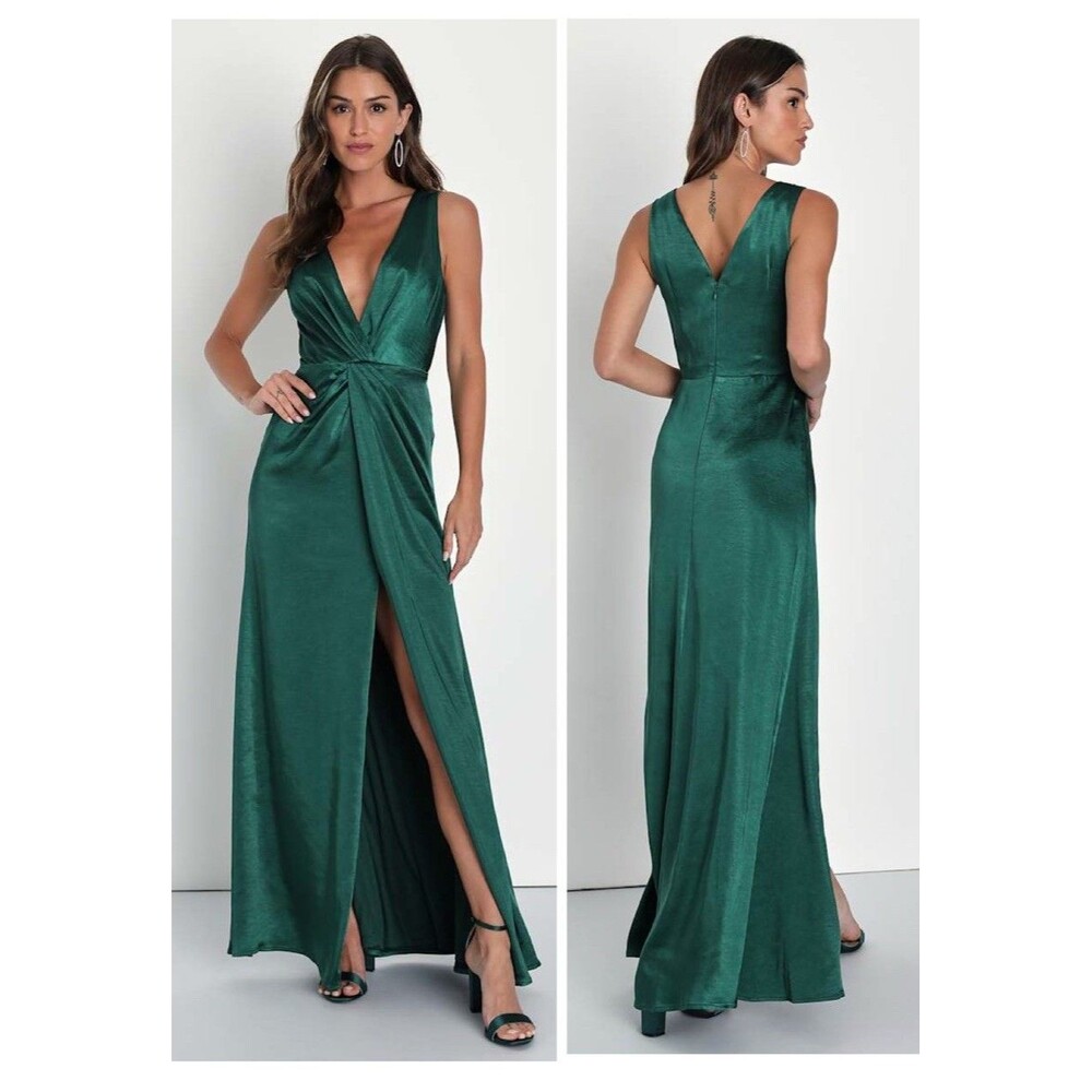 Lulus Perfect Refinement Emerald Satin Sleeveless Pleated Maxi Dress Size Small